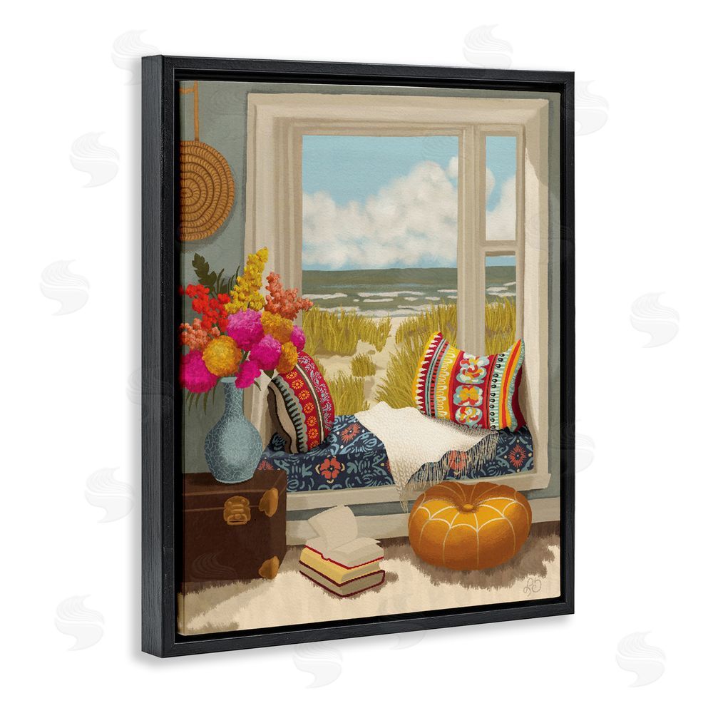 Lisa R Dumm Coastal Vacation Window Seat Black Floating Frame Canvas Wall Art Print