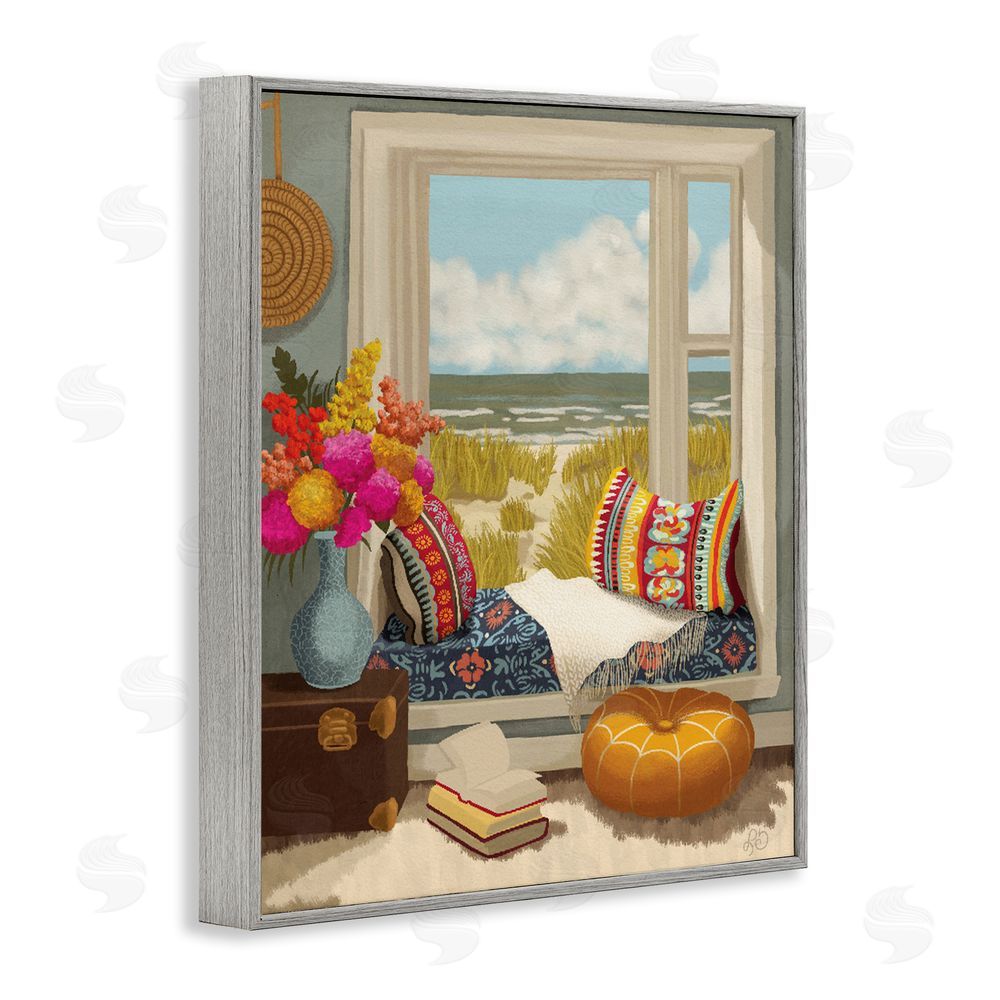 Lisa R Dumm Coastal Vacation Window Seat Gray Framed Giclee Wall Art Print