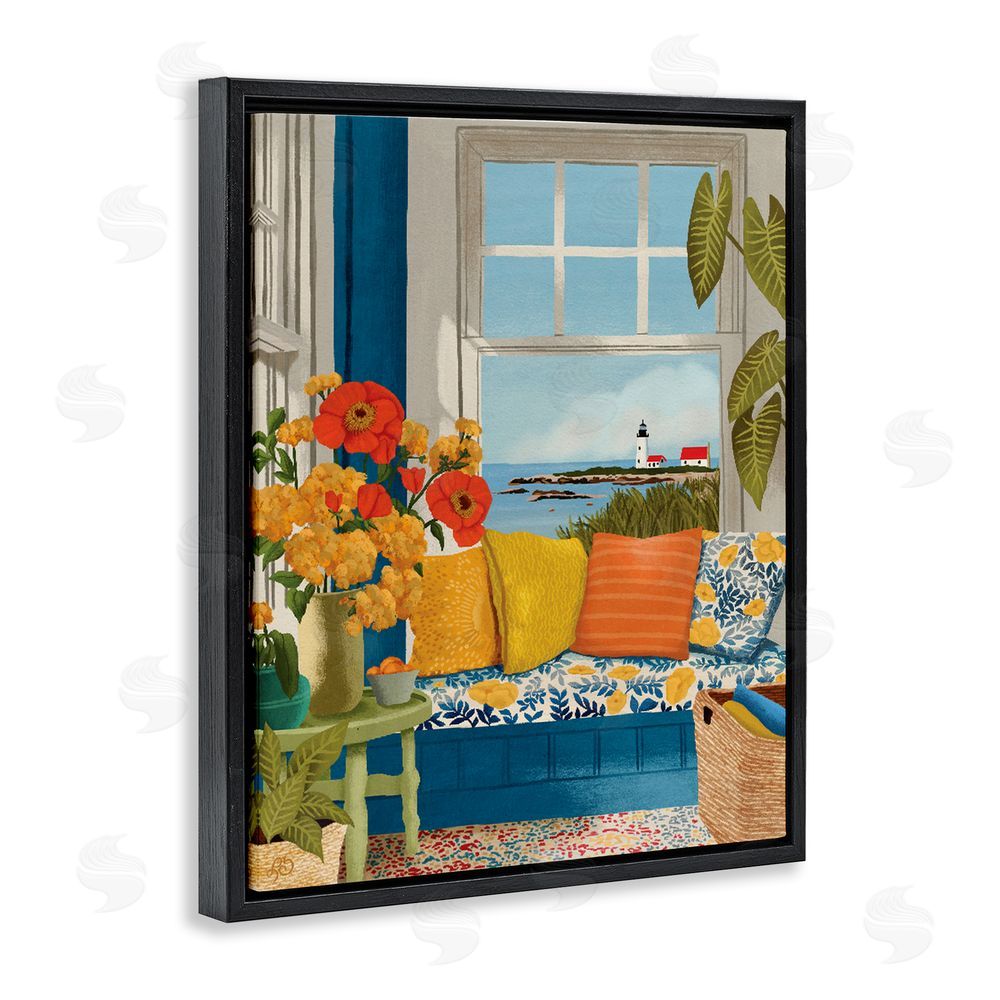 Lisa R Dumm Distant Lighthouse Window View Black Floating Frame Canvas Wall Art Print