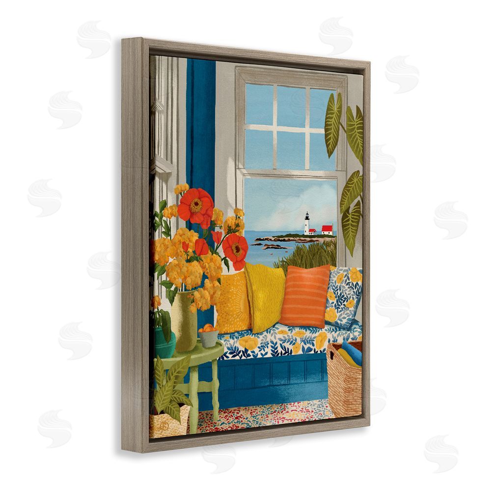 Lisa R Dumm Distant Lighthouse Window View Brown Floating Frame Canvas Wall Art Print
