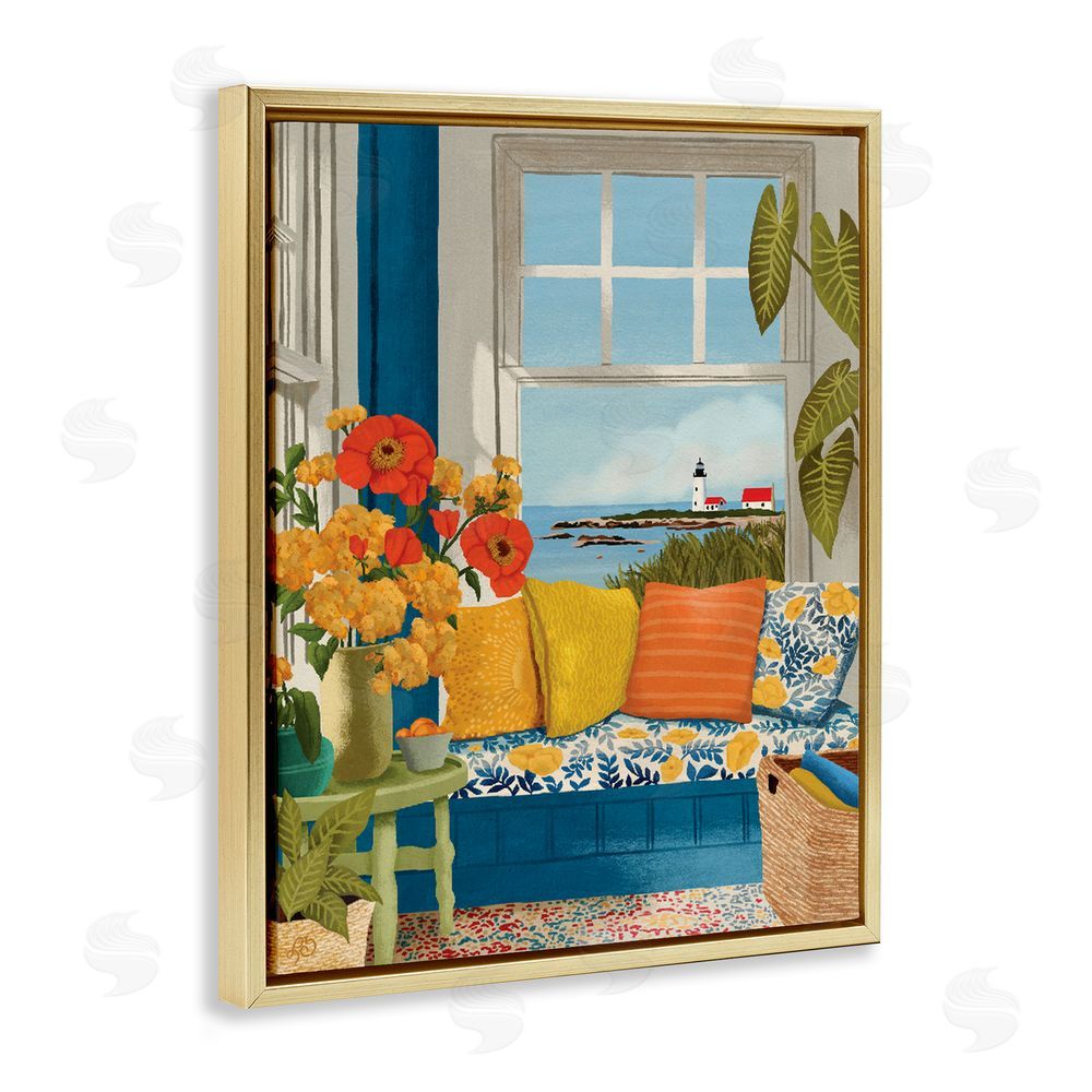 Lisa R Dumm Distant Lighthouse Window View Gold Floating Frame Canvas Wall Art Print