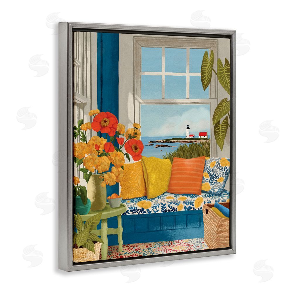 Lisa R Dumm Distant Lighthouse Window View Gray Floating Frame Canvas Wall Art Print