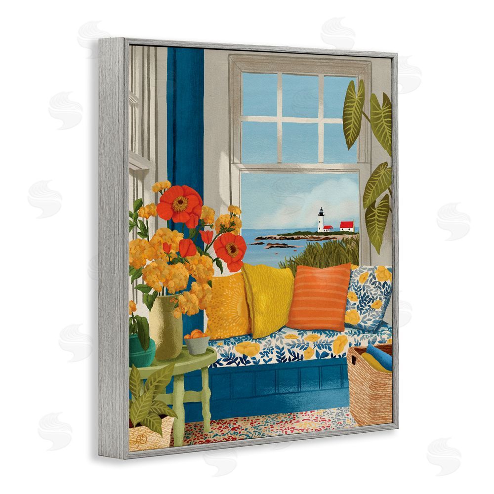 Lisa R Dumm Distant Lighthouse Window View Gray Framed Giclee Wall Art Print