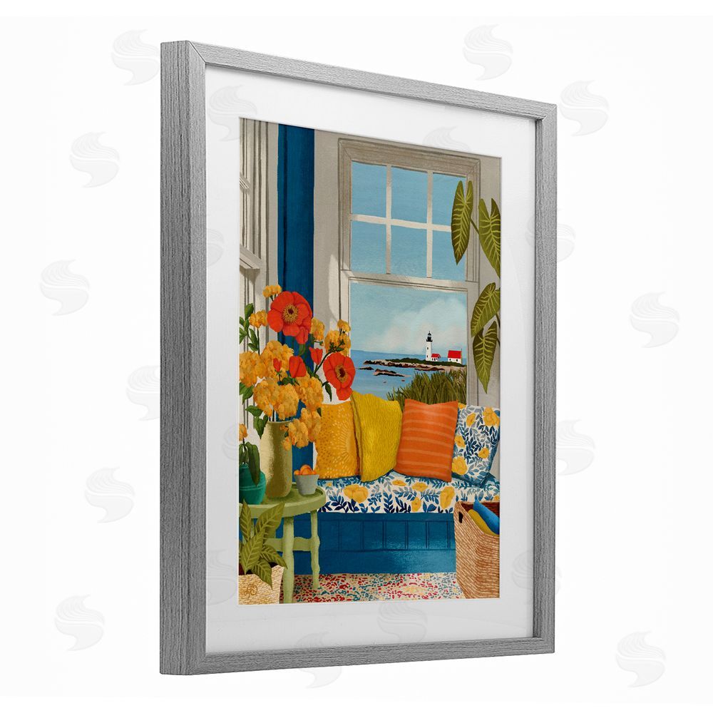 Lisa R Dumm Distant Lighthouse Window View Gray Framed Print Under Glass Wall Art