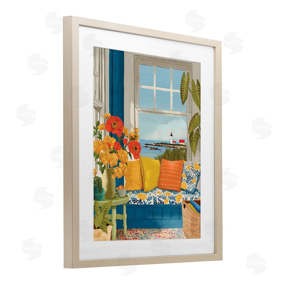 Lisa R Dumm Distant Lighthouse Window View Brown Framed Print Under Glass Wall Art
