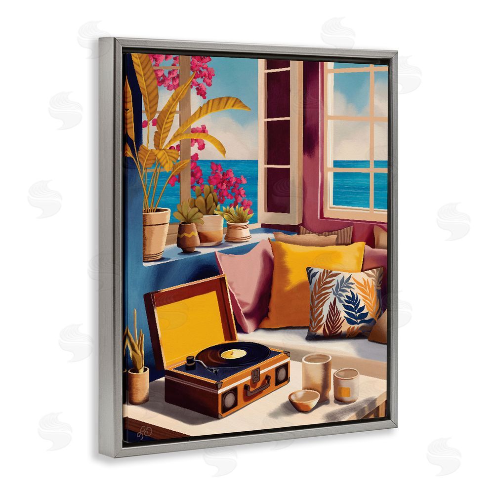 Lisa R Dumm Boho Vacation By The Sea Gray Floating Frame Stretched Canvas Wall Art Print