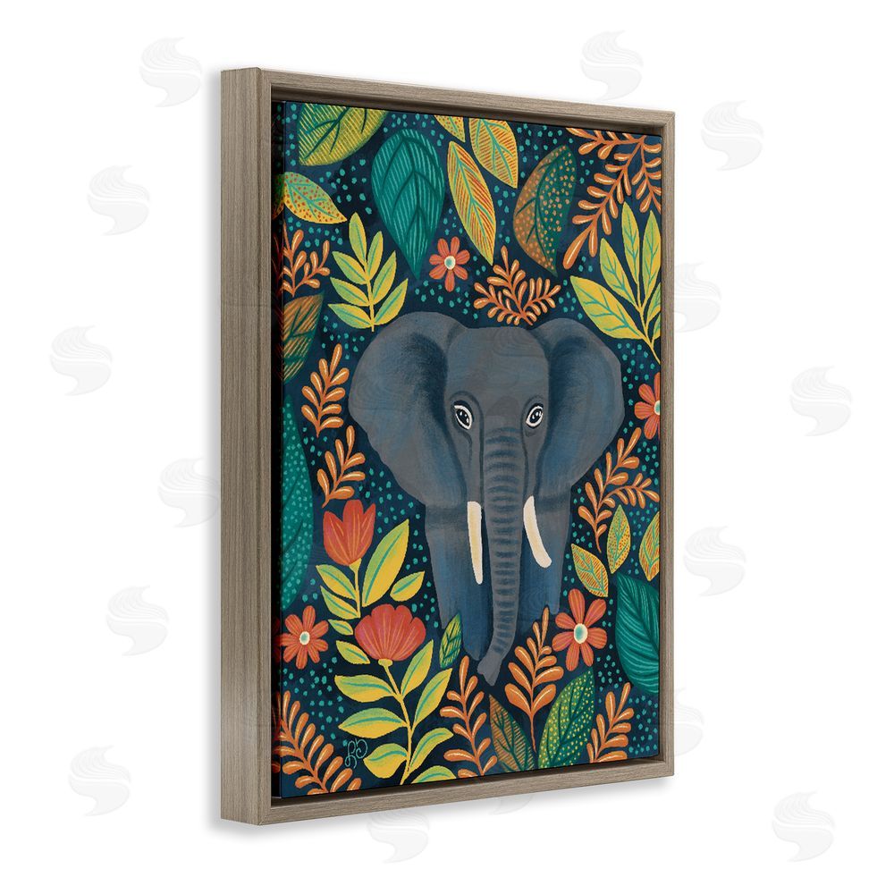 Lisa R Dumm Exotic Leaf Pattern Elephant Brown Floating Framed Canvas Wall Art