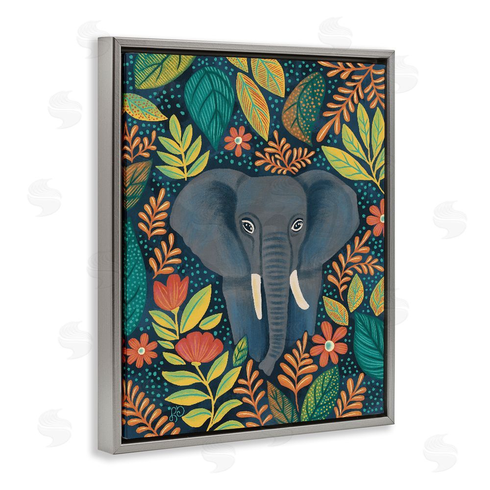 Lisa R Dumm Exotic Leaf Pattern Elephant Gray Floating Framed Canvas Wall Art