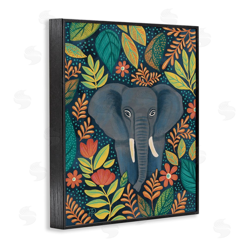 Lisa R Dumm Exotic Leaf Pattern Elephant Black Framed Giclee Wall Art