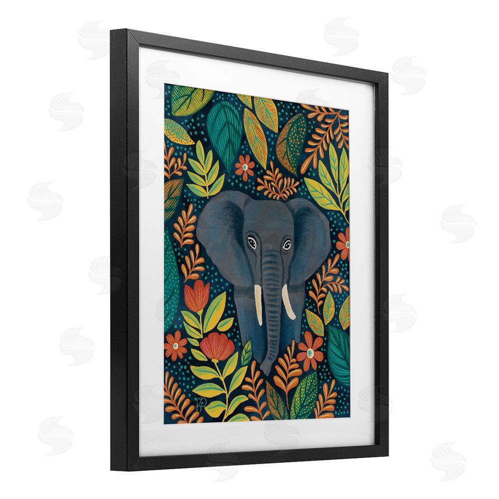 Lisa R Dumm Exotic Leaf Pattern Elephant Black Framed Print Under Glass Wall Art