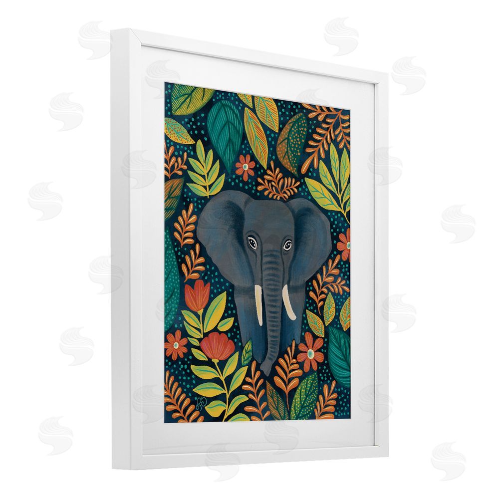 Lisa R Dumm Exotic Leaf Pattern Elephant White Framed Print Under Glass Wall Art