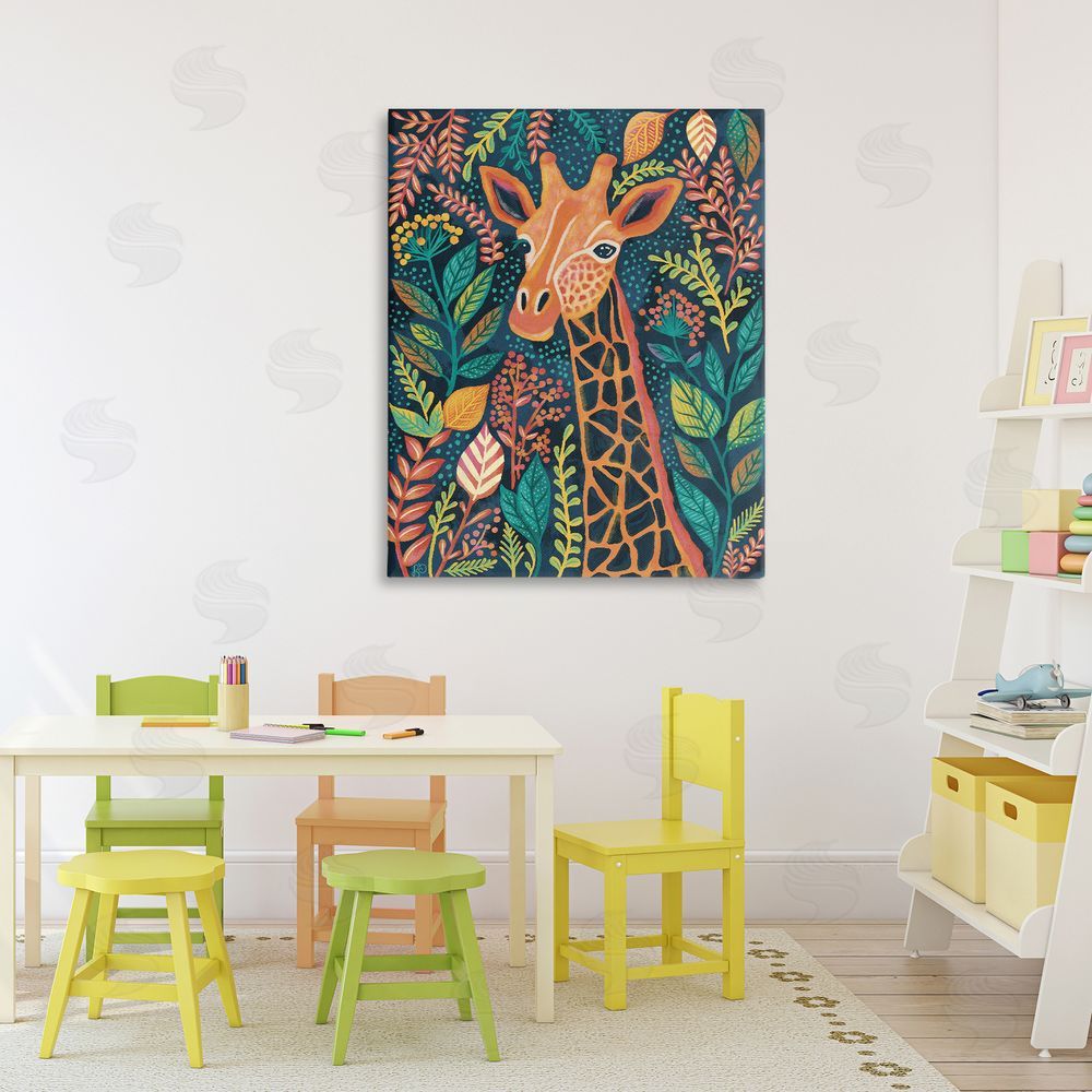 Lisa R Dumm Exotic Leaf Pattern Giraffe Stretched Canvas Wall Art in Room