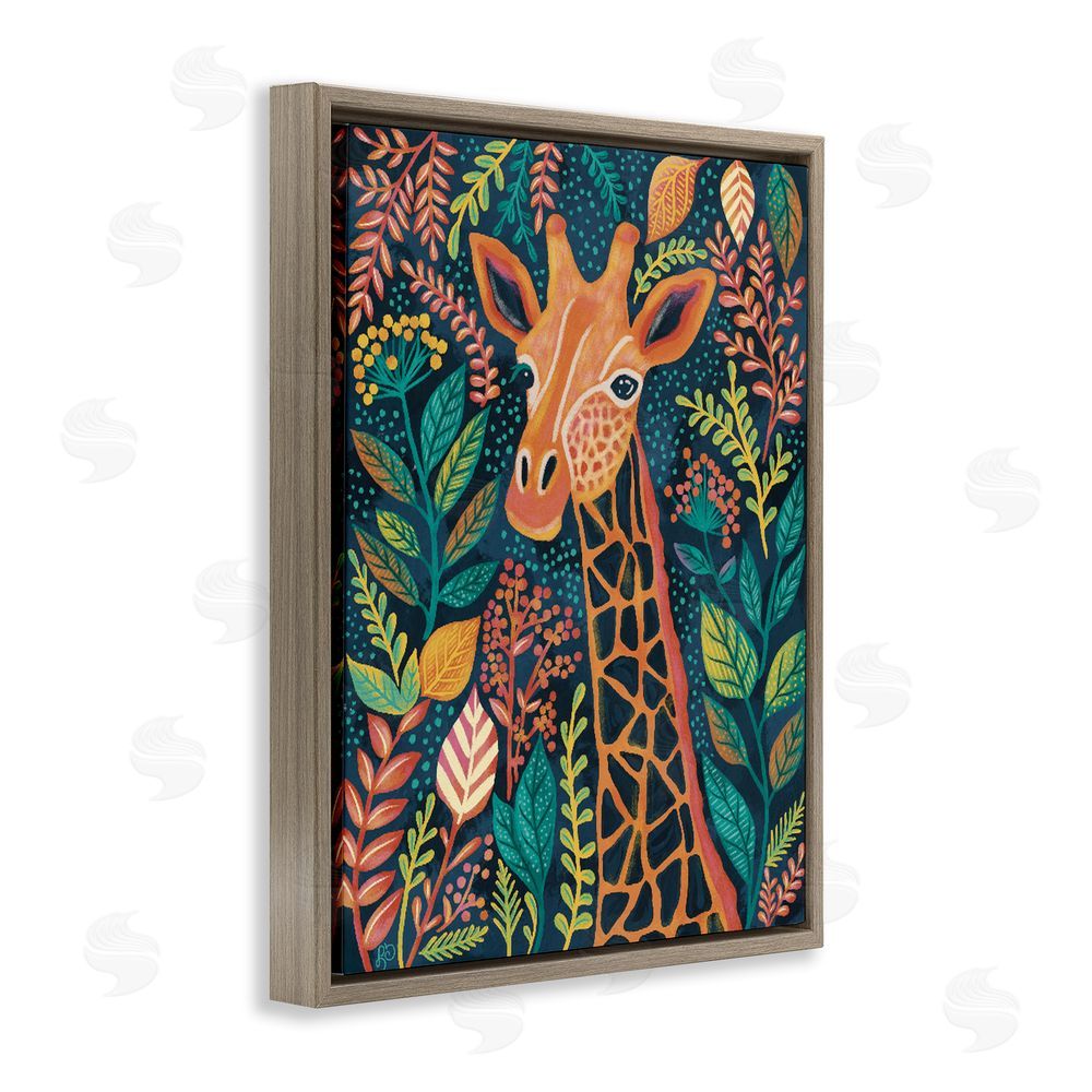 Lisa R Dumm Exotic Leaf Pattern Giraffe Brown Floating Framed Canvas Wall Art