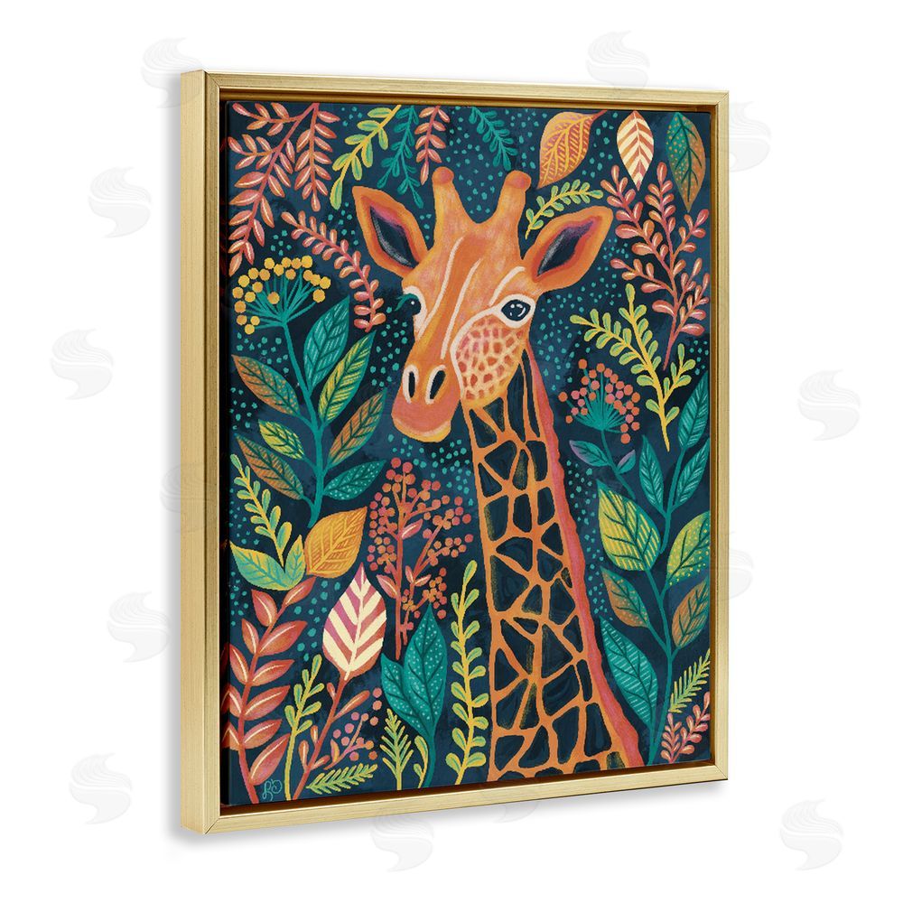 Lisa R Dumm Exotic Leaf Pattern Giraffe Gold Floating Framed Canvas Wall Art