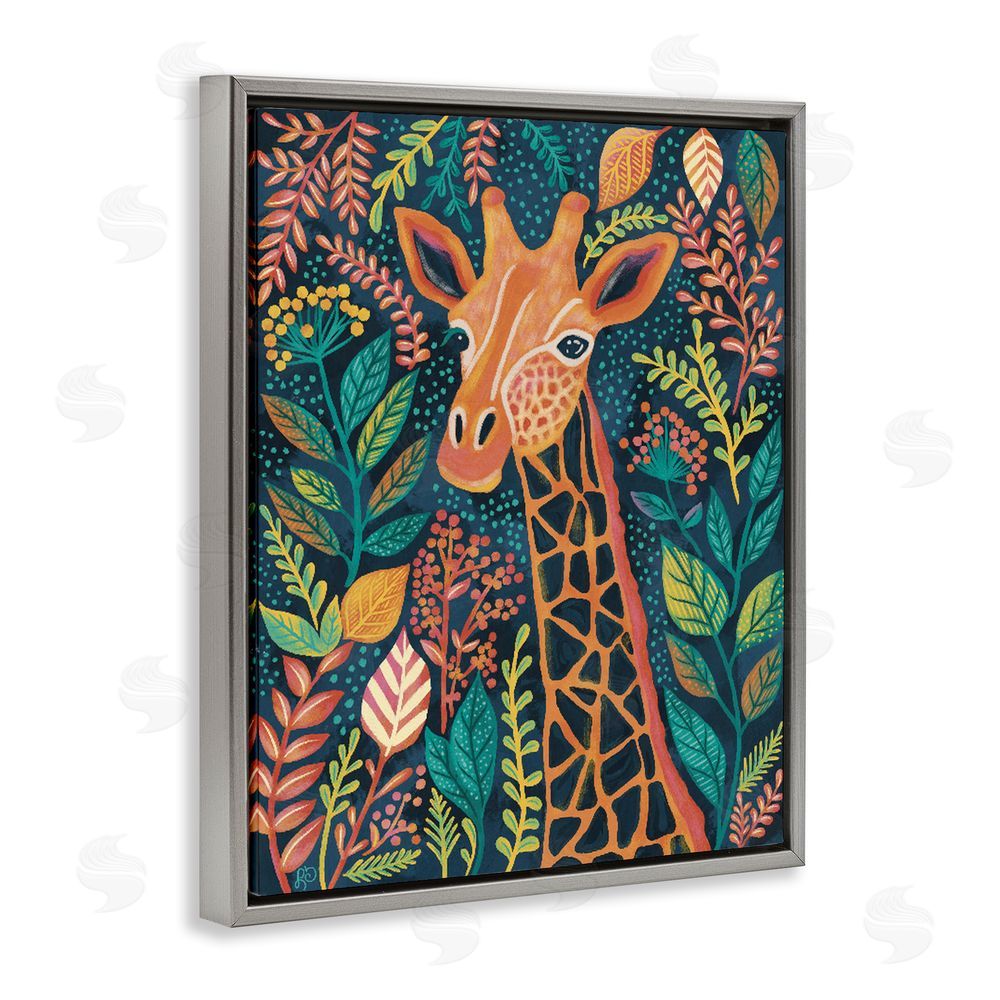 Lisa R Dumm Exotic Leaf Pattern Giraffe Gray Floating Framed Canvas Wall Art