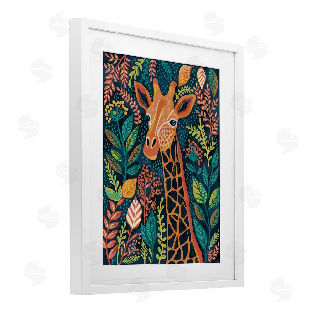 Lisa R Dumm Exotic Leaf Pattern Giraffe White Framed Print Under Glass Wall Art
