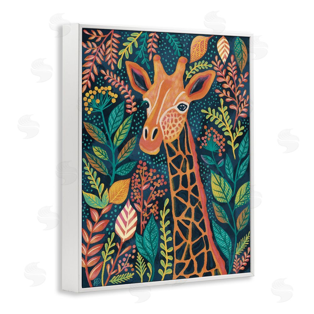 Lisa R Dumm Exotic Leaf Pattern Giraffe White Framed Giclee Wall Art