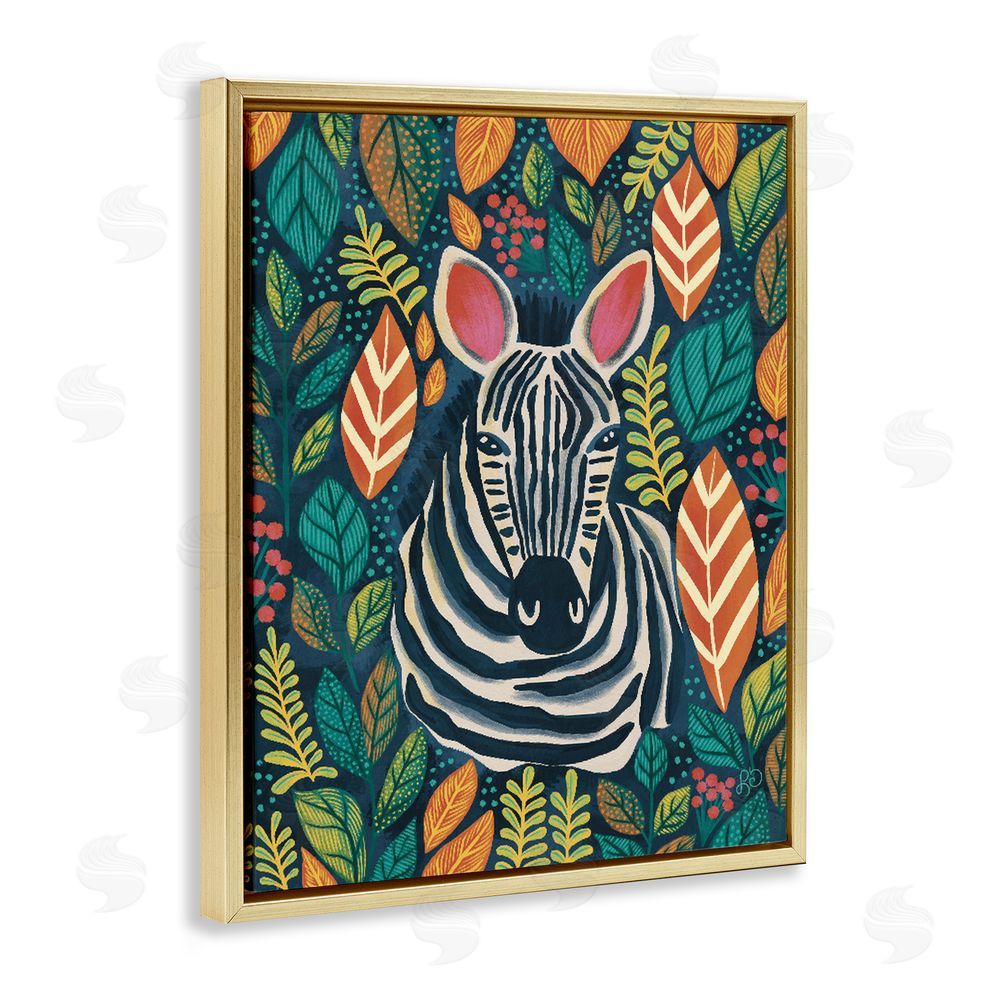Lisa R Dumm Exotic Leaf Pattern Zebra Gold Floating Framed Canvas Wall Art