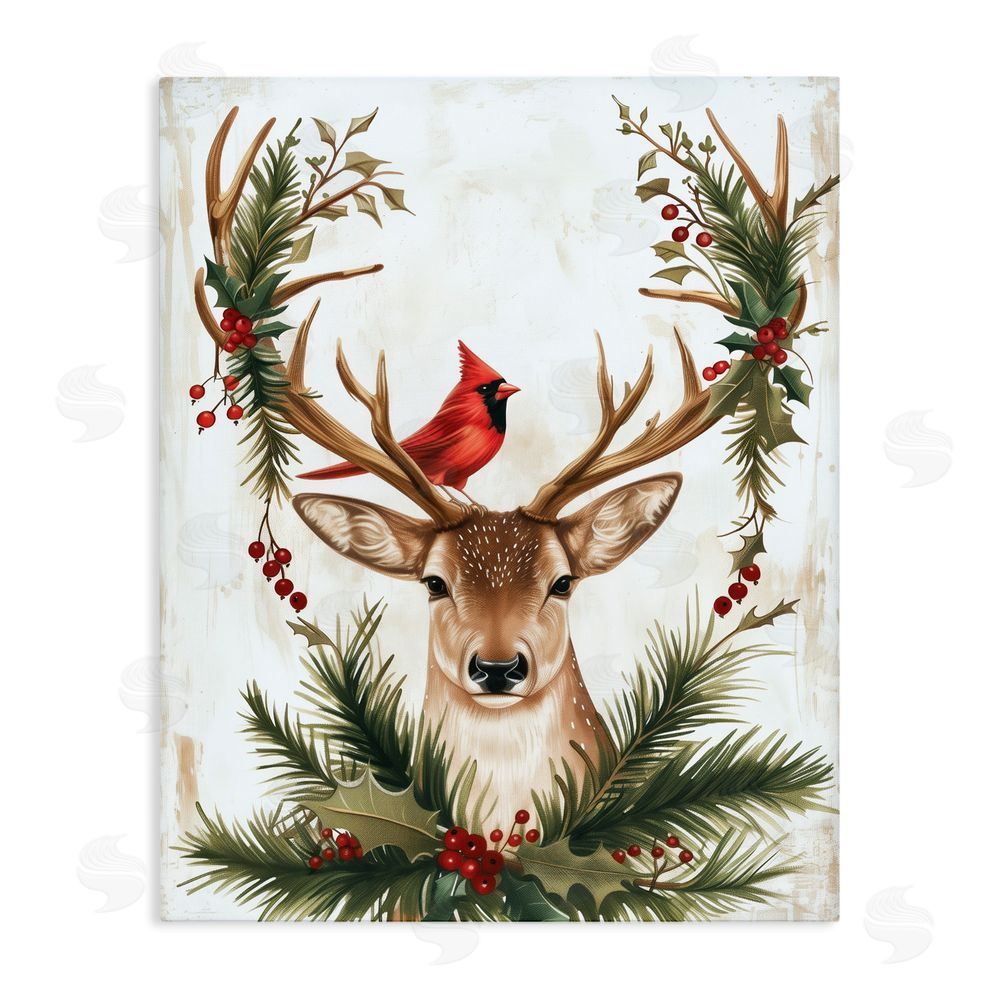 Acorn & Ivory Designs Cardinal & Deer with Festive Flora Stretched Canvas Wall Art Print