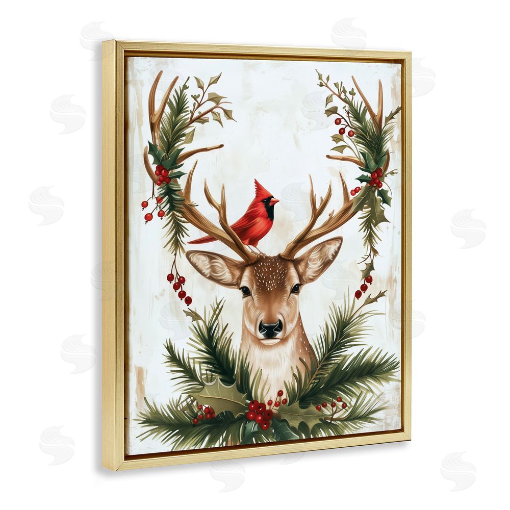 Acorn & Ivory Designs Cardinal & Deer with Festive Flora Gold Floating Frame Stretched Canvas Wall Art Print