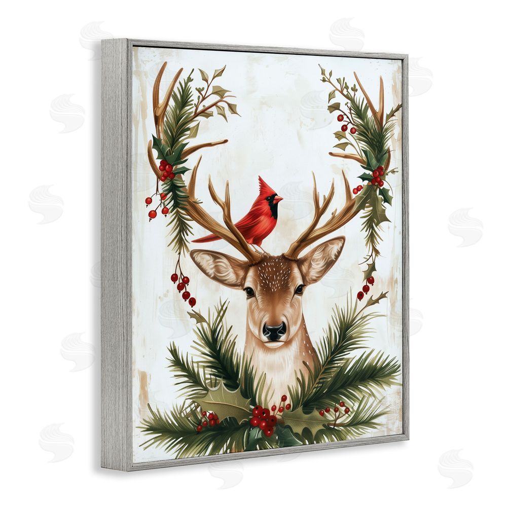 Acorn & Ivory Designs Cardinal & Deer with Festive Flora Gray Framed Giclee Wall Art Print