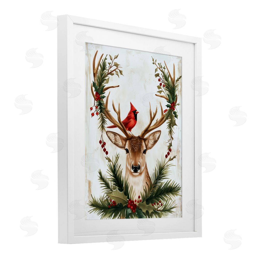 Acorn & Ivory Designs Cardinal & Deer with Festive Flora White Framed Print Under Glass with Matting Wall Art