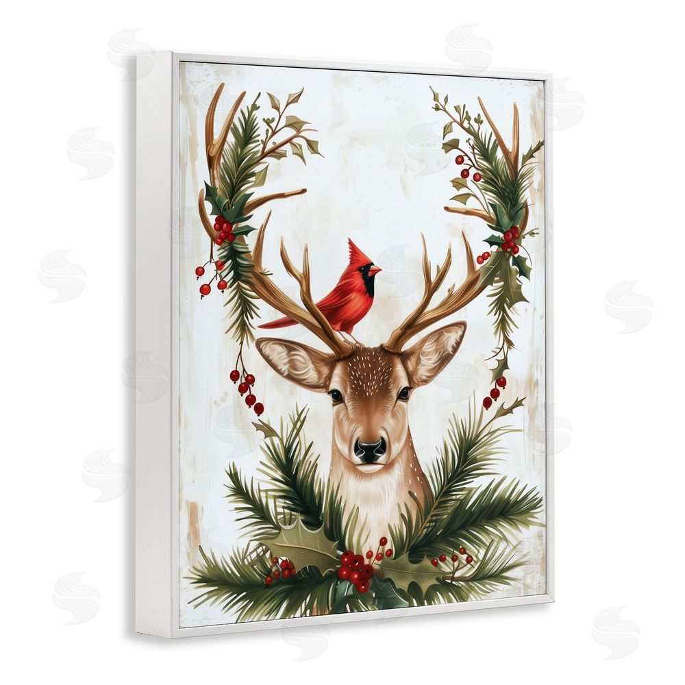 Acorn & Ivory Designs Cardinal & Deer with Festive Flora White Framed Giclee Wall Art Print
