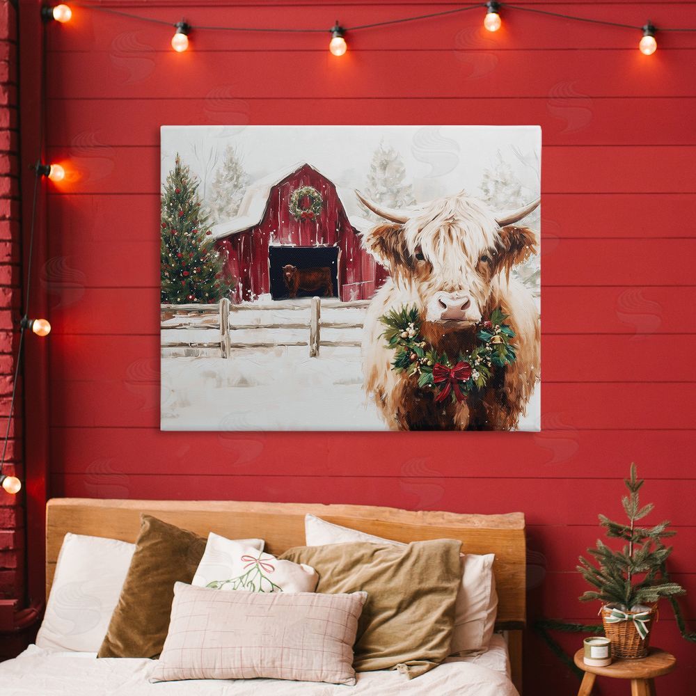 Acorn & Ivory Designs Snowy Farm Scene Cattle Stretched Canvas on Wall