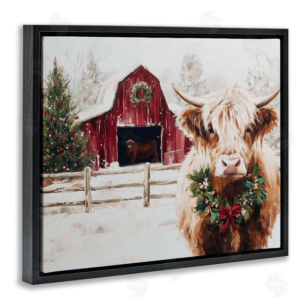 Acorn & Ivory Designs Snowy Farm Scene Cattle Black Floating Framed Canvas Wall Art Print