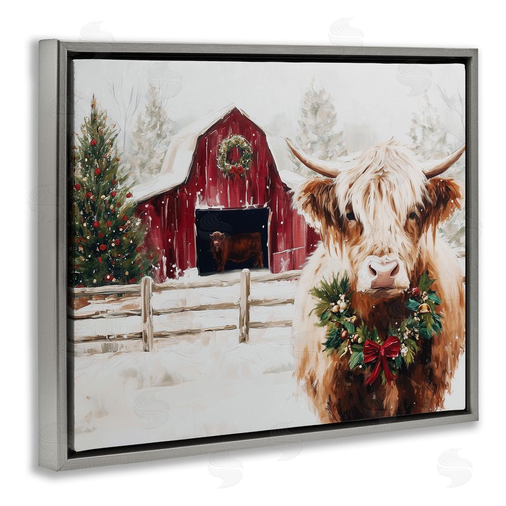 Acorn & Ivory Designs Snowy Farm Scene Cattle Gray Floating Framed Canvas Wall Art Print