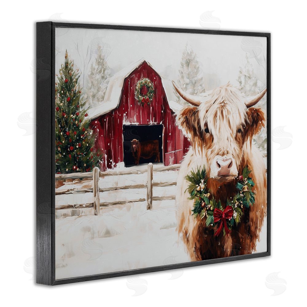 Acorn & Ivory Designs Snowy Farm Scene Cattle Black Framed Giclee Wall Art Print