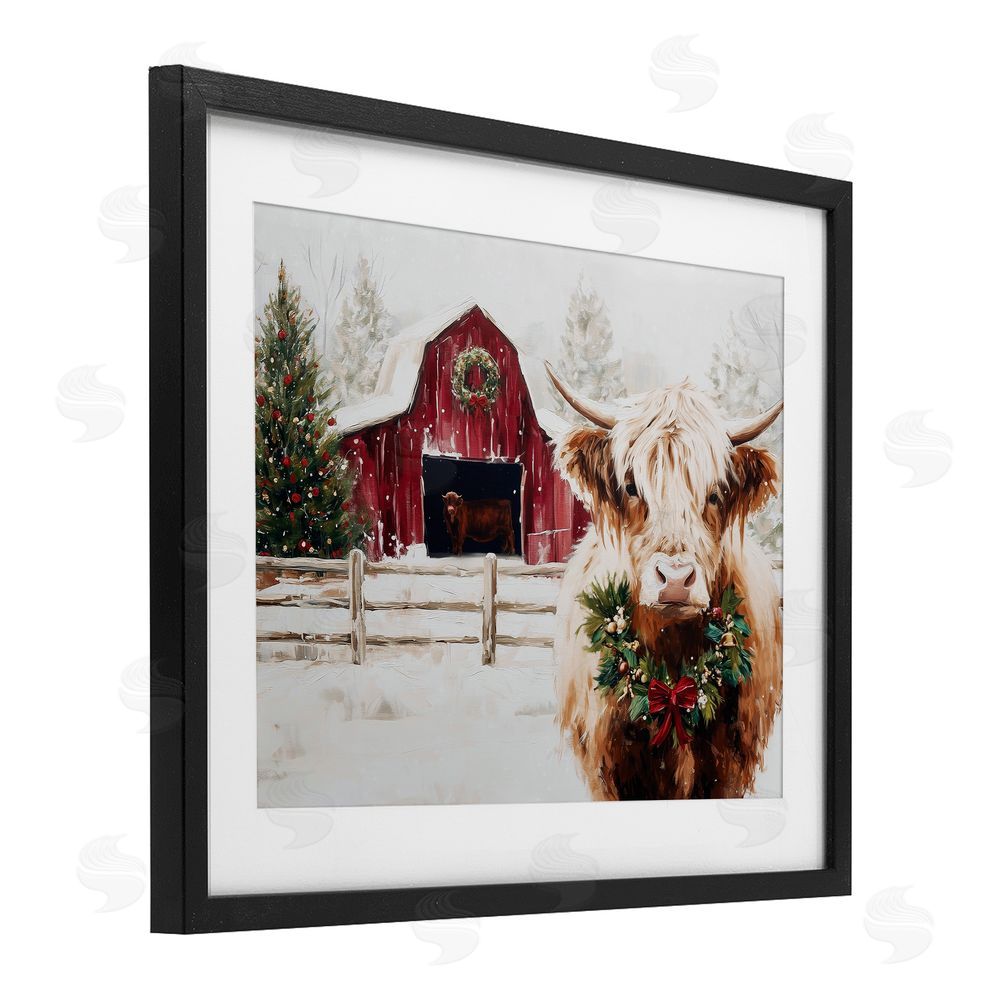Acorn & Ivory Designs Snowy Farm Scene Cattle Black Framed Print Under Glass with White Mat Wall Art