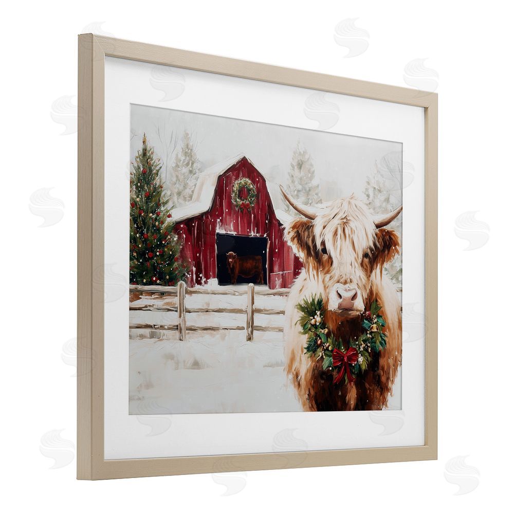 Acorn & Ivory Designs Snowy Farm Scene Cattle Brown Framed Print Under Glass with White Mat Wall Art