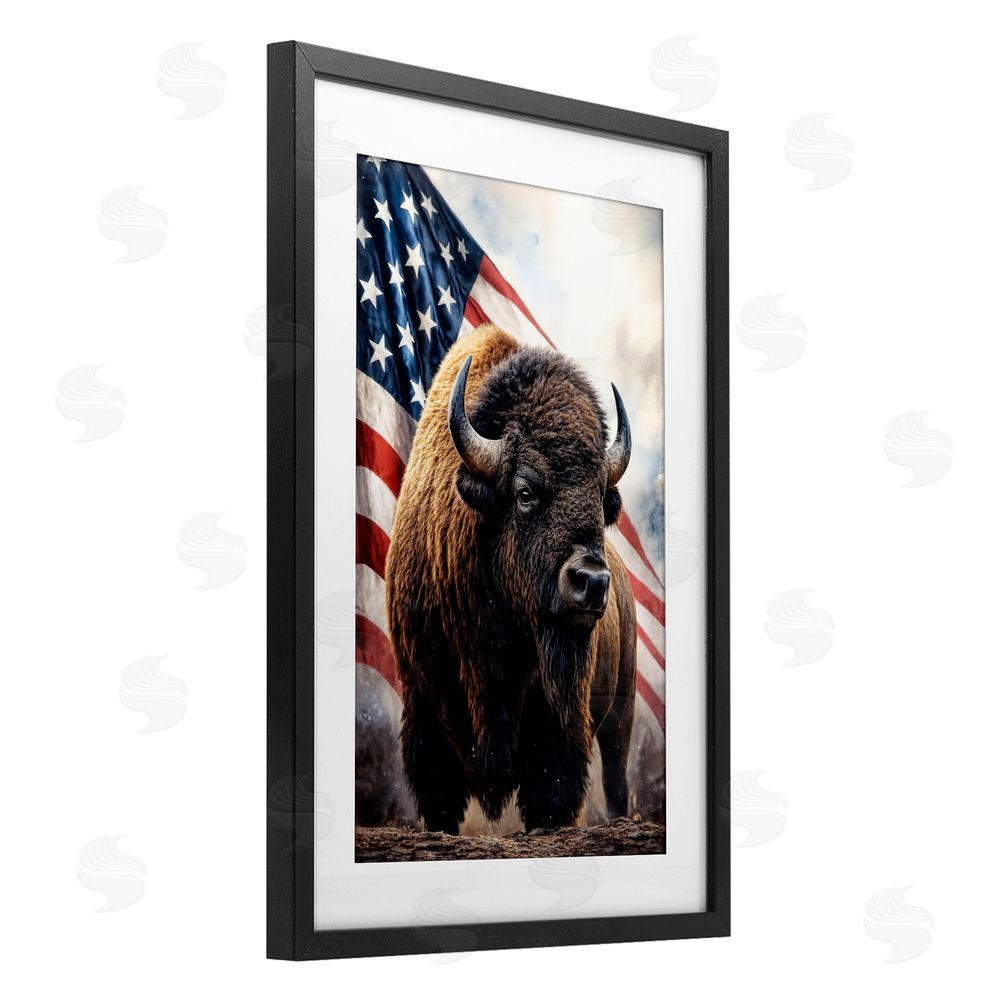Kelley Parker Bison with American Flag Black Framed Print Under Glass Wall Art