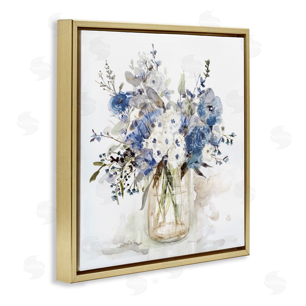 Carol Robinson Blue & White Spring Flowers Gold Floating Frame Stretched Canvas Wall Art Print