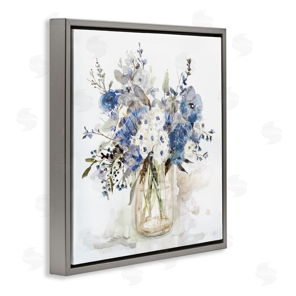 Carol Robinson Blue & White Spring Flowers Gray Floating Frame Stretched Canvas Wall Art Print