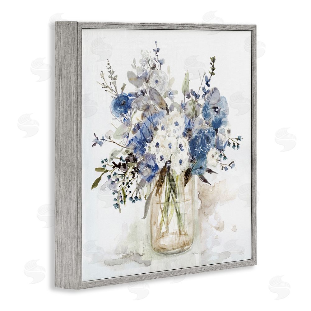 Carol Robinson Blue & White Spring Flowers Gray Framed Giclee Wall Art Print