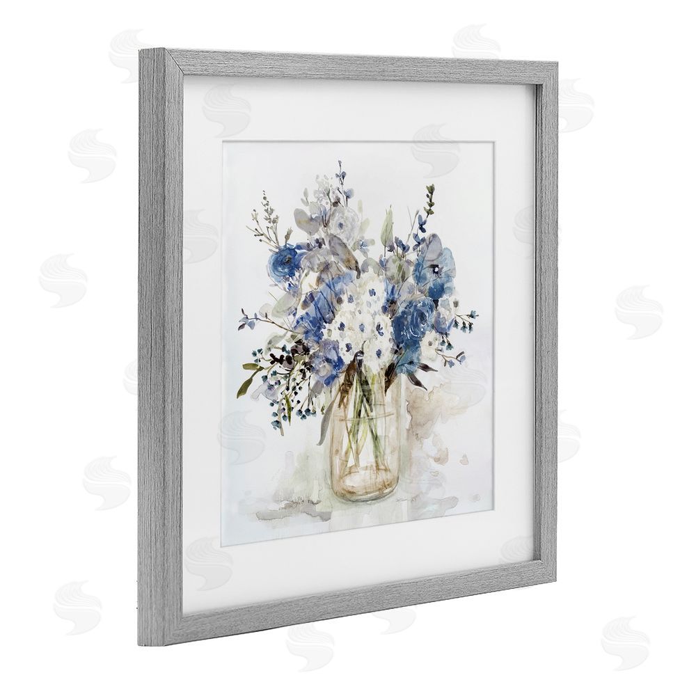 Carol Robinson Blue & White Spring Flowers Gray Framed Print Under Glass with Matting Wall Art