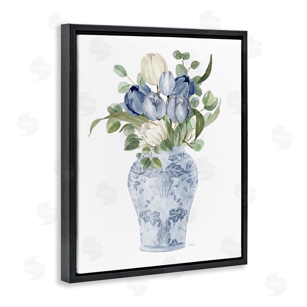 Livi Finn Tulips & Leaves Vase Black Floating Framed Canvas Wall Art Print