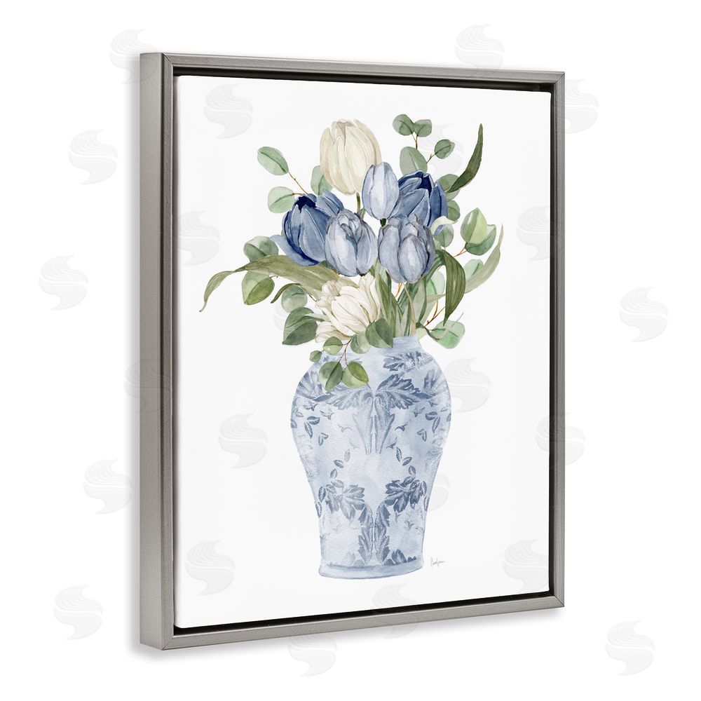 Livi Finn Tulips & Leaves Vase Gray Floating Framed Canvas Wall Art Print