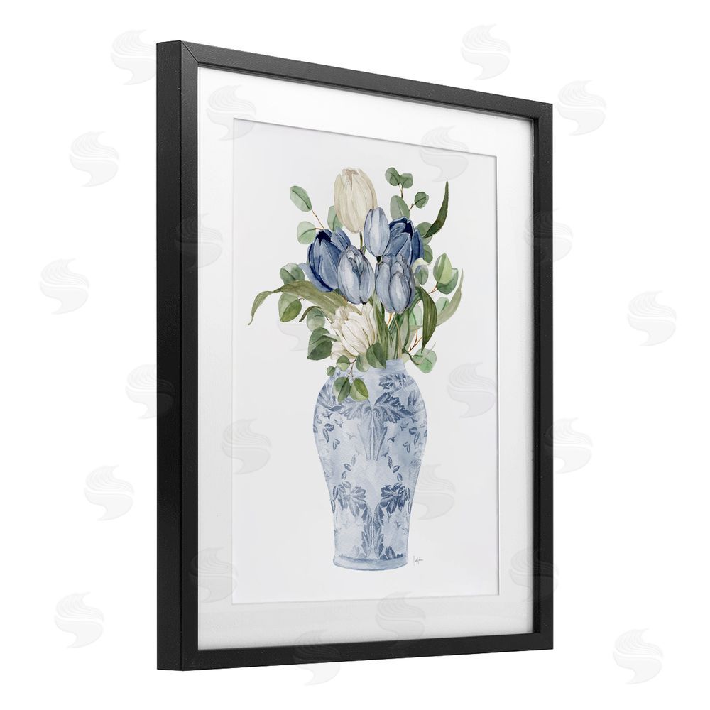 Livi Finn Tulips & Leaves Vase Black Framed Print Under Glass with White Mat Wall Art