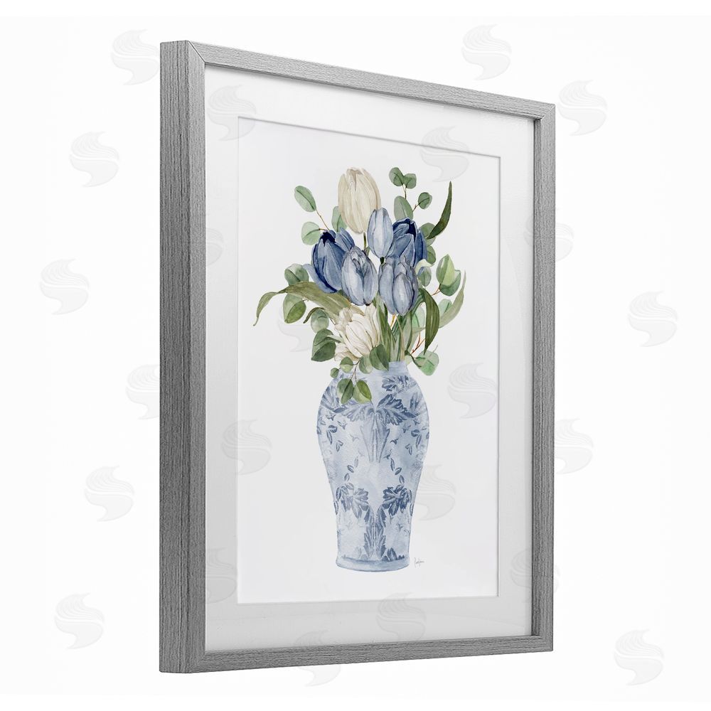 Livi Finn Tulips & Leaves Vase Gray Framed Print Under Glass with White Mat Wall Art