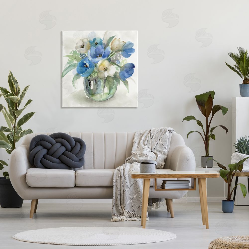 Nan Blue Tinted Flower Pot Stretched Canvas Wall Art Print in Room