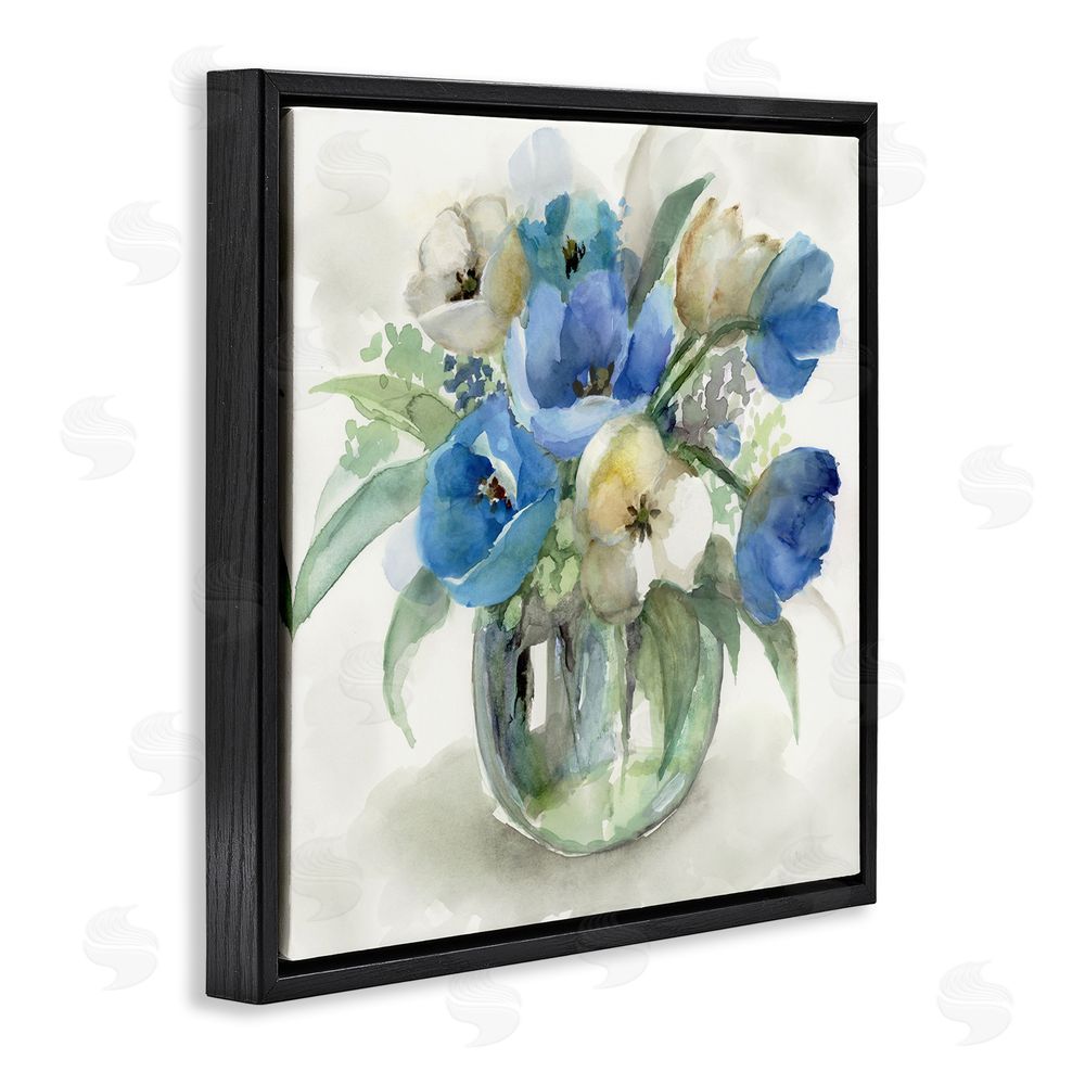 Nan Blue Tinted Flower Pot Black Floating Frame Stretched Canvas Wall Art Print