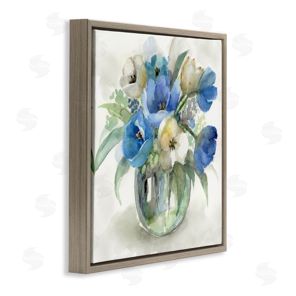 Nan Blue Tinted Flower Pot Brown Floating Frame Stretched Canvas Wall Art Print