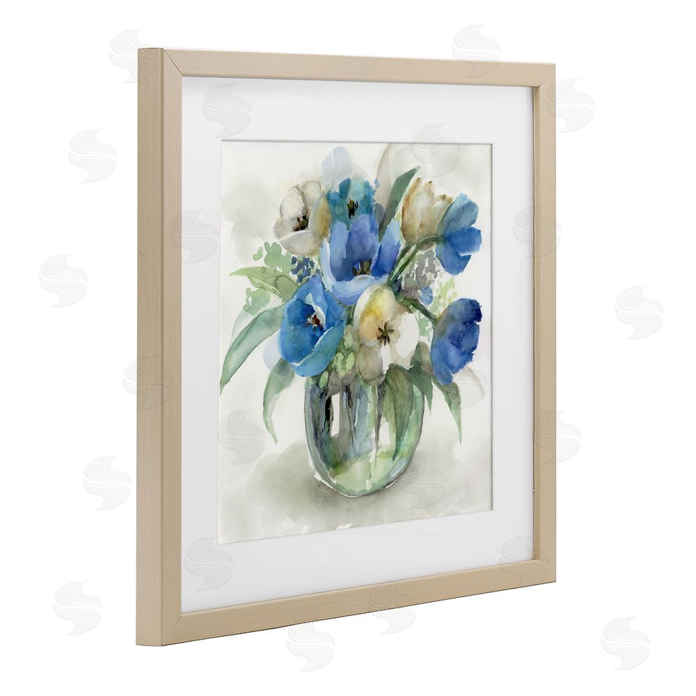 Nan Blue Tinted Flower Pot Brown Framed Print Under Glass with Matting Wall Art