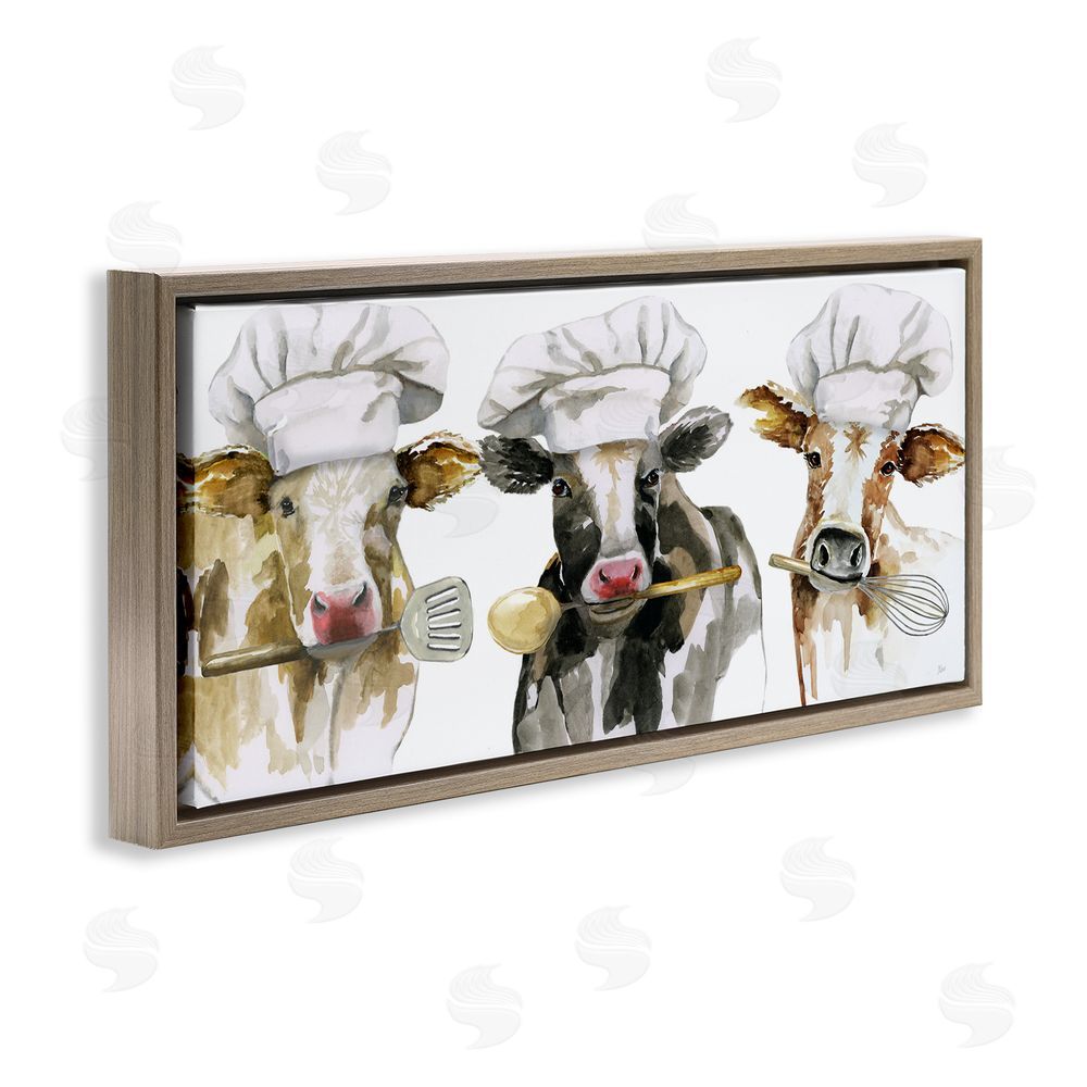 Nan Cow Chefs with Utensils Brown Floating Frame Canvas Wall Art Print