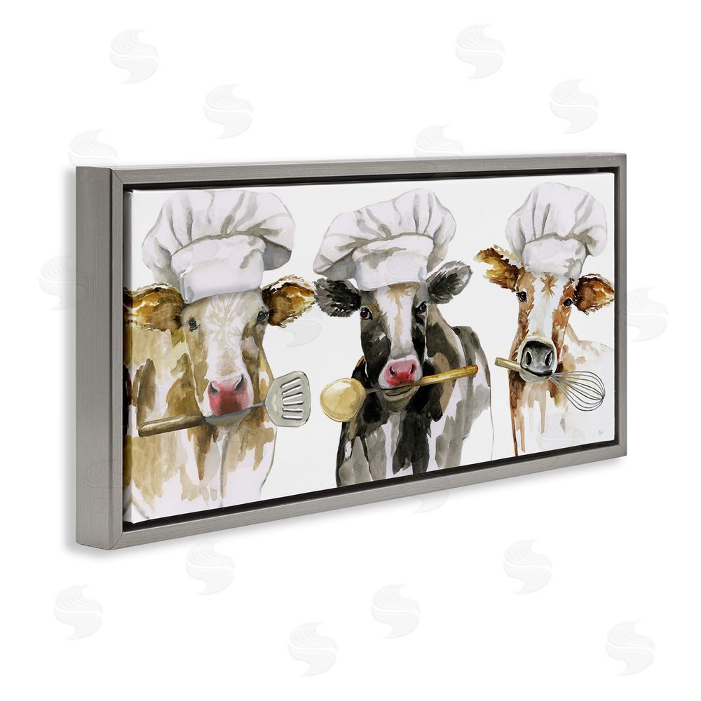 Nan Cow Chefs with Utensils Gray Floating Frame Canvas Wall Art Print