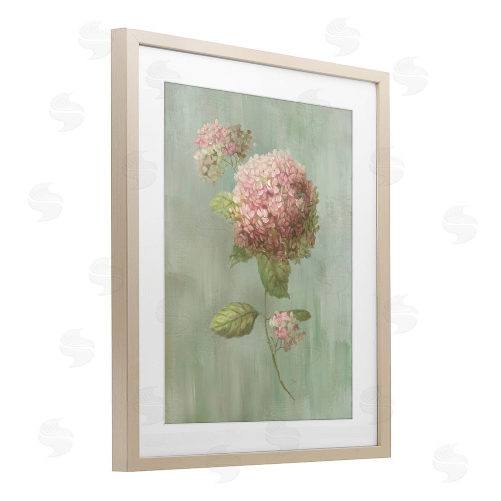 Nan Single Hydrangea Bushel Brown Framed Print Under Glass with White Mat Wall Art