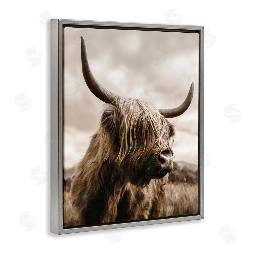 CAD Designs Searching Cattle Gaze Gray Floating Framed Canvas Wall Art Print